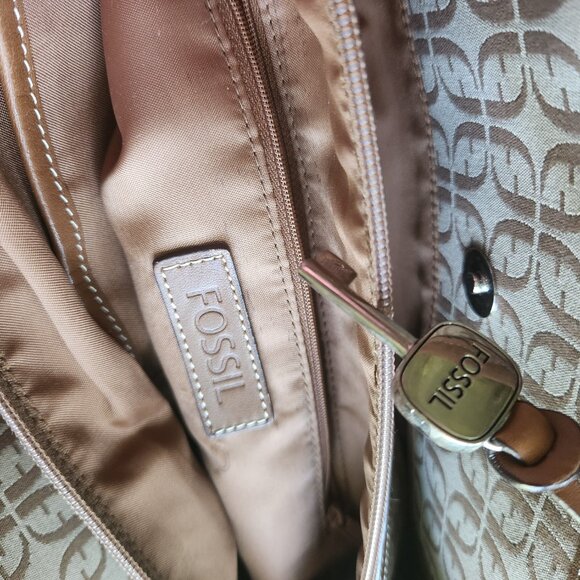 FOSSIL women Handbag Beige Canvas Logo print/Leather 13"x9"x4.5" 2 handles - Picture 15 of 15